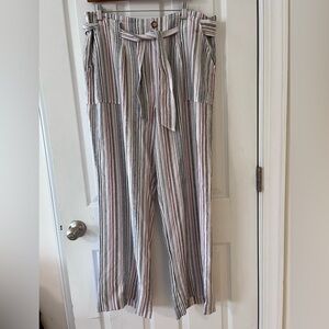 Mason Belle linen/rayon pull on Striped High-Waisted Pants with Belt XXL
